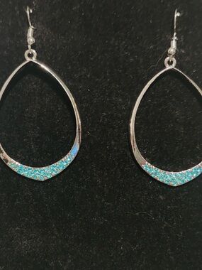 Silver Teardrop Earrings with Turquoise Crystals - Women Jewelry
